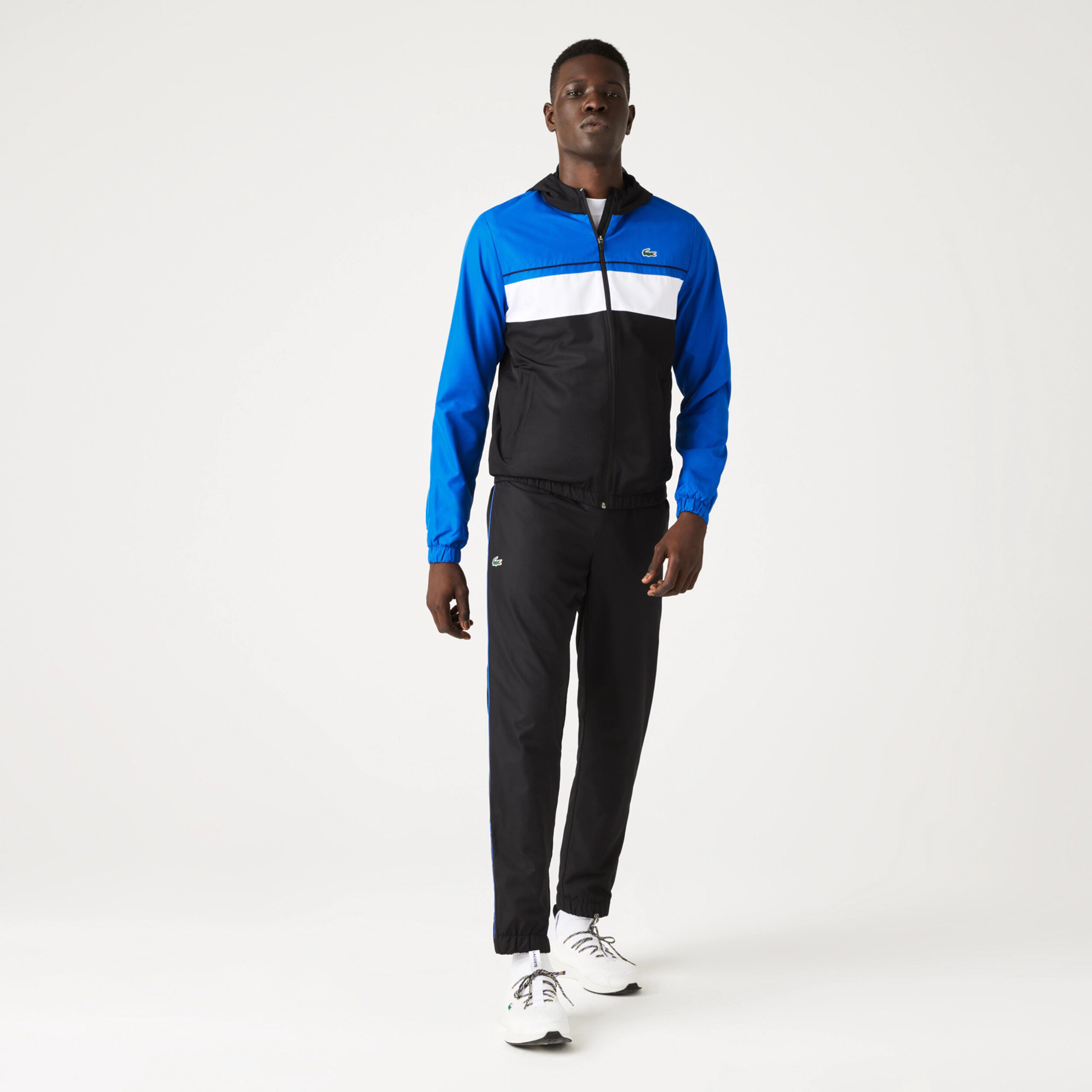 Black and clearance blue lacoste tracksuit