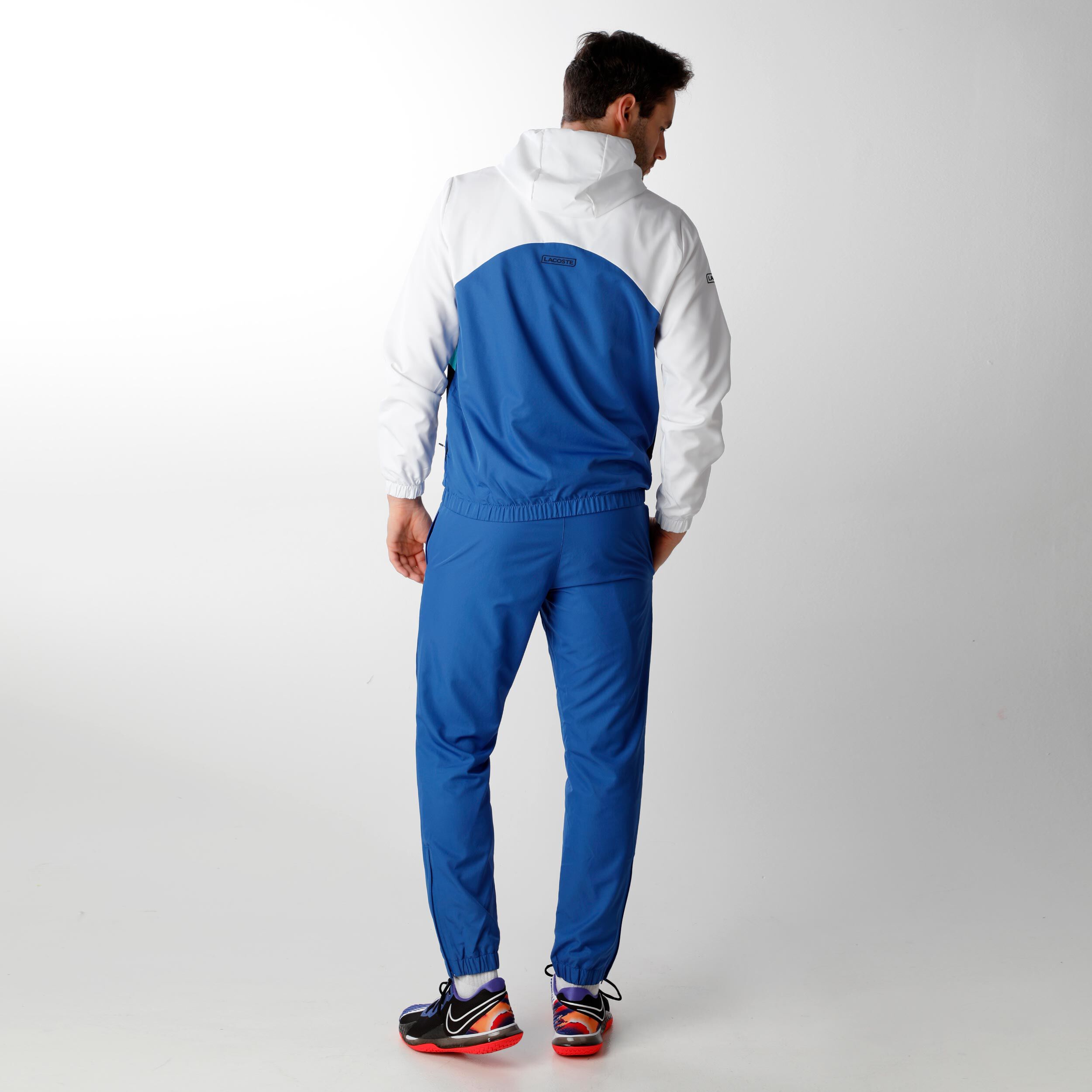 Blue and white lacoste tracksuit hot sale