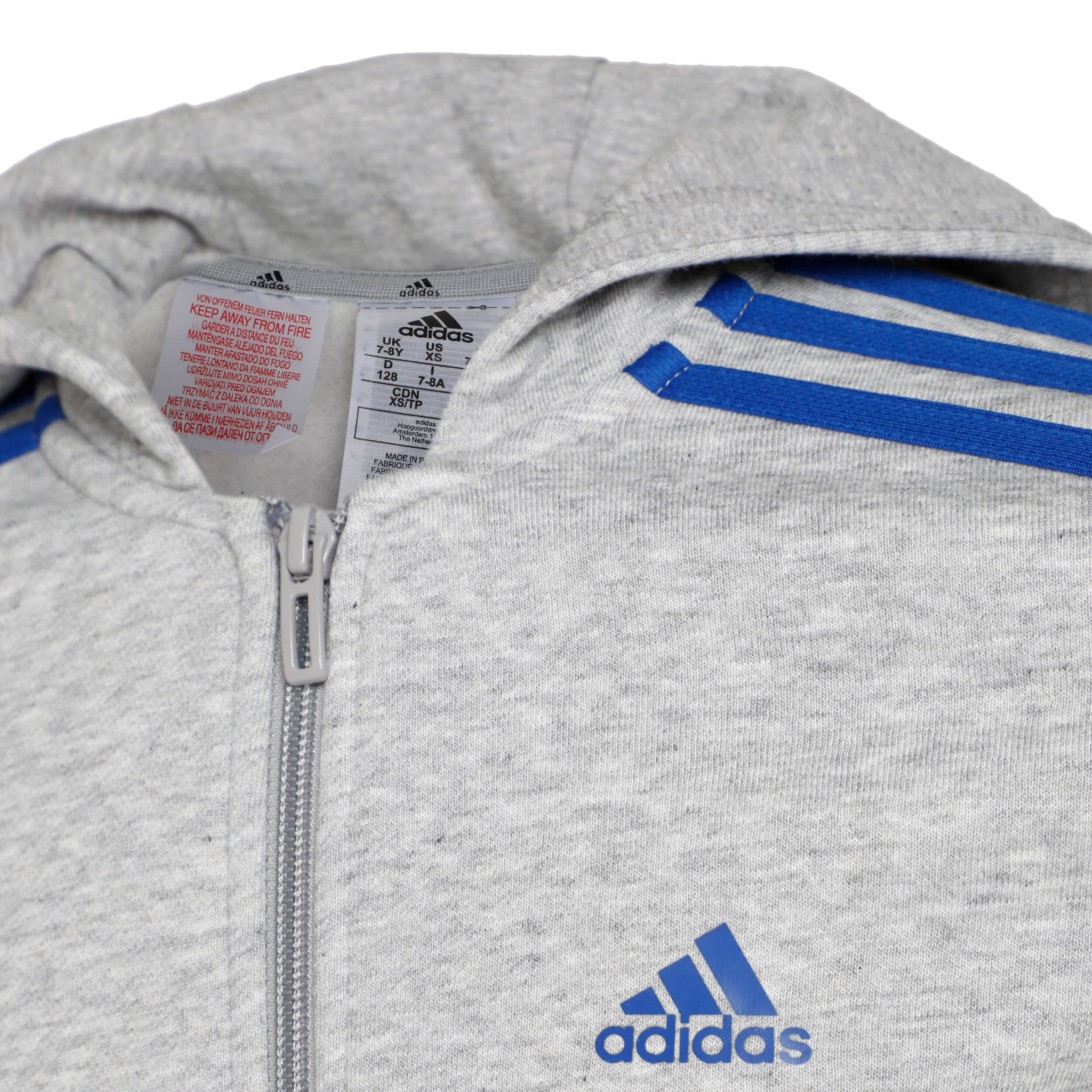 Grey adidas hoodie shop with blue stripes