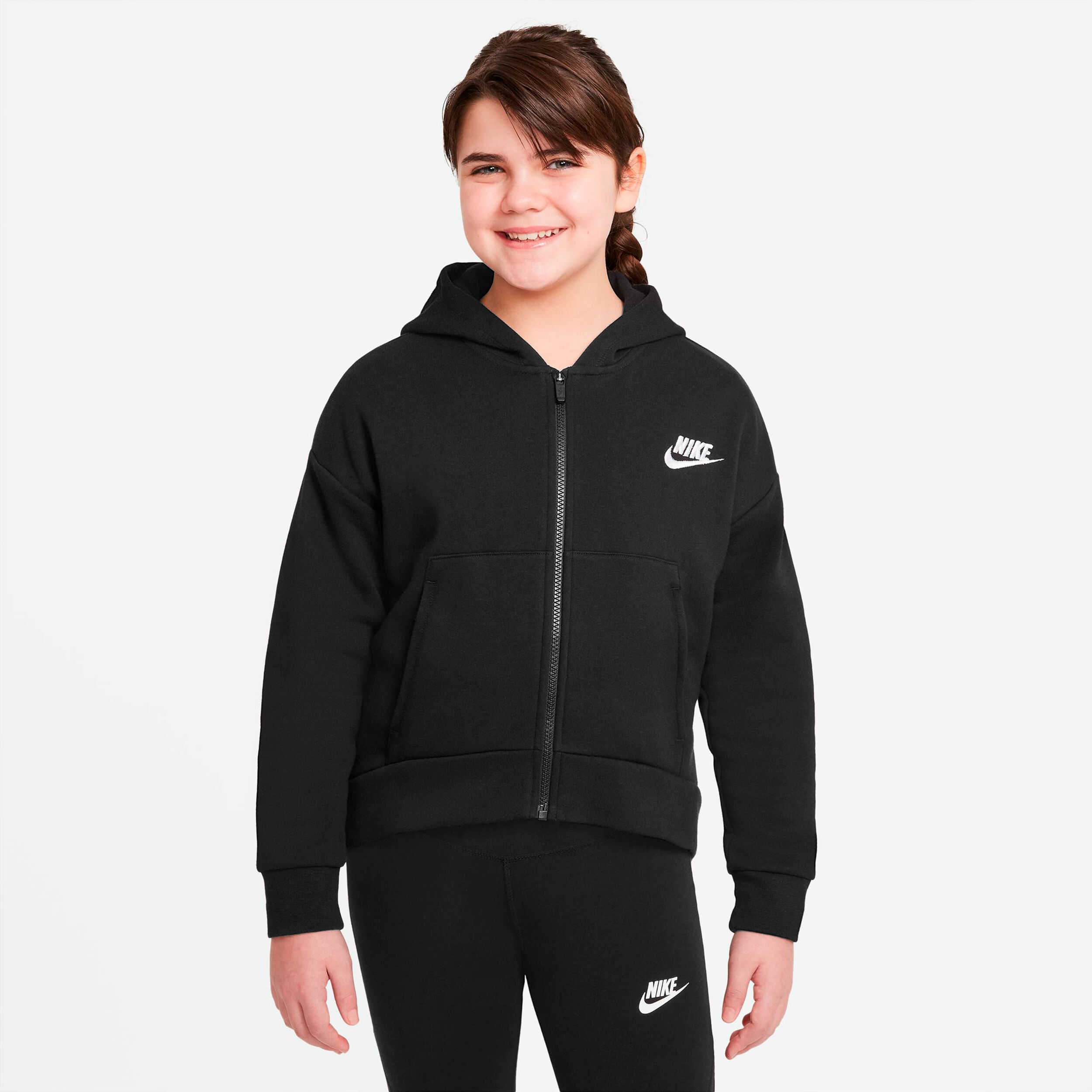 Buy Nike Sportswear Club Fleece Zip Hoodie Girls Black White