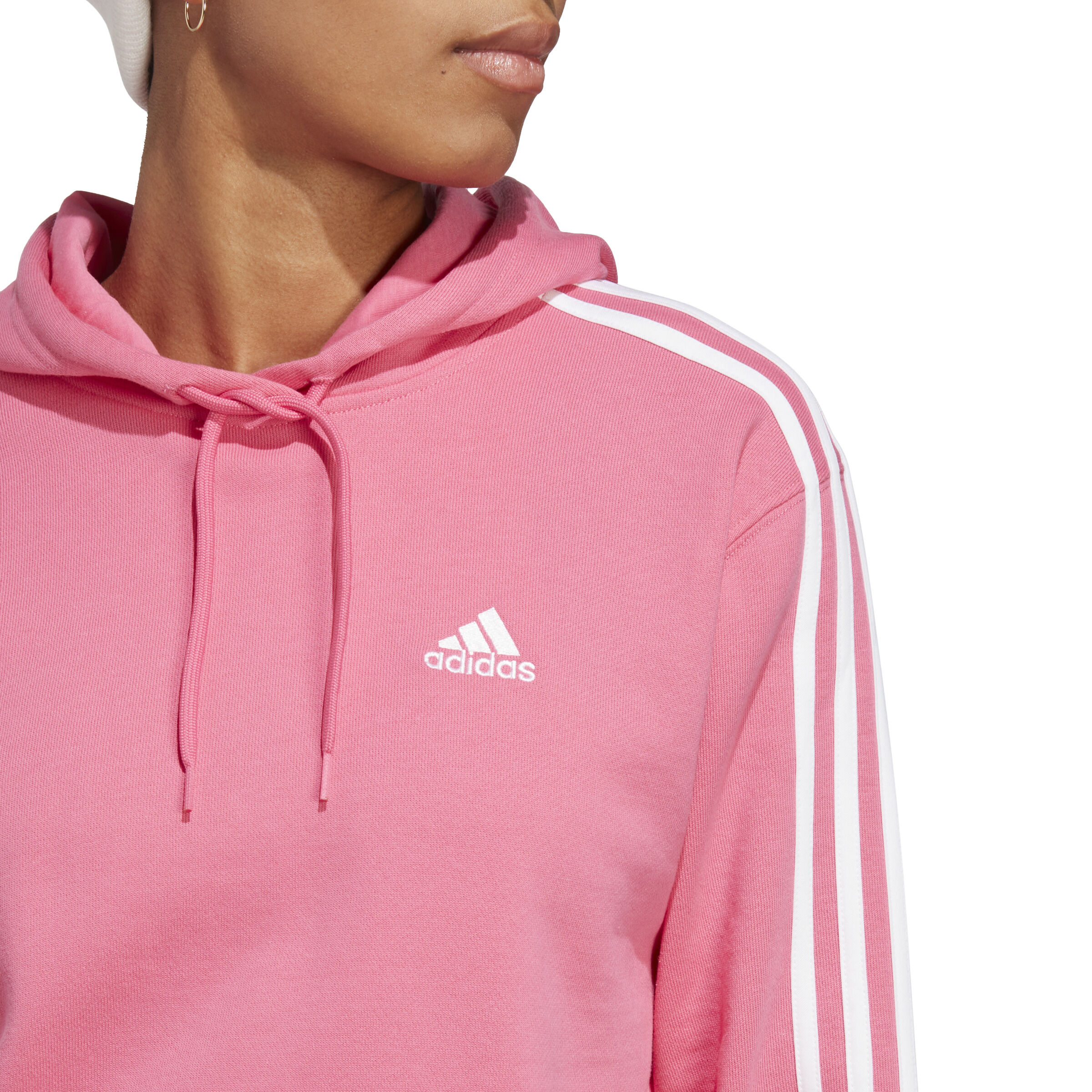 Essentials 3 Stripes French Terry Crop Hoody Women Pink White