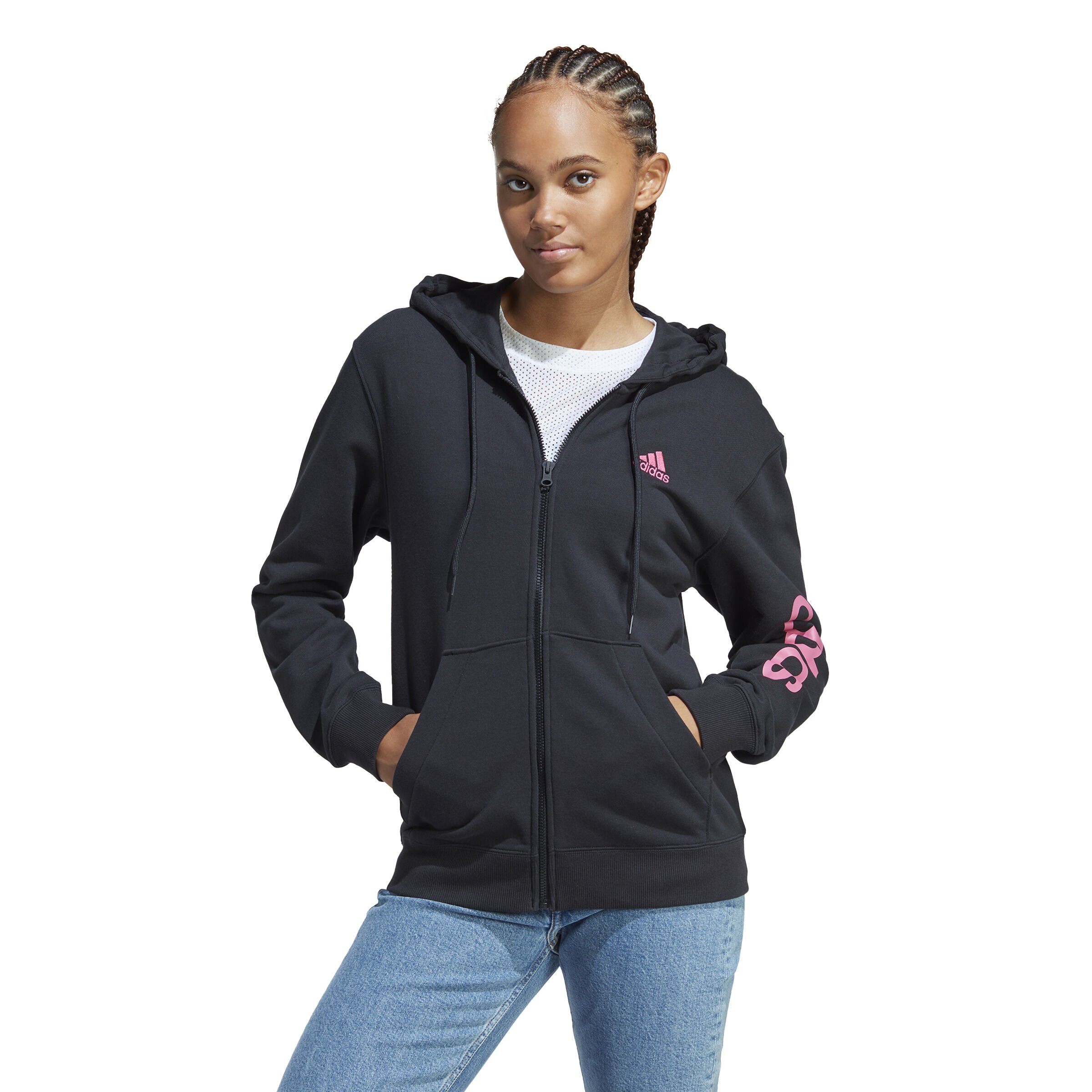 Essentials Linear Full Zip French Terry Zip Hoodie Women Black Pink