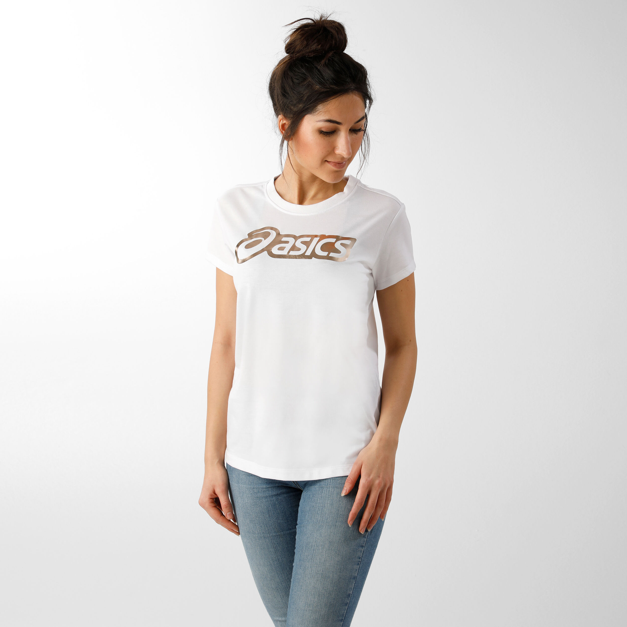 Logo Graphic T Shirt Women White Gold