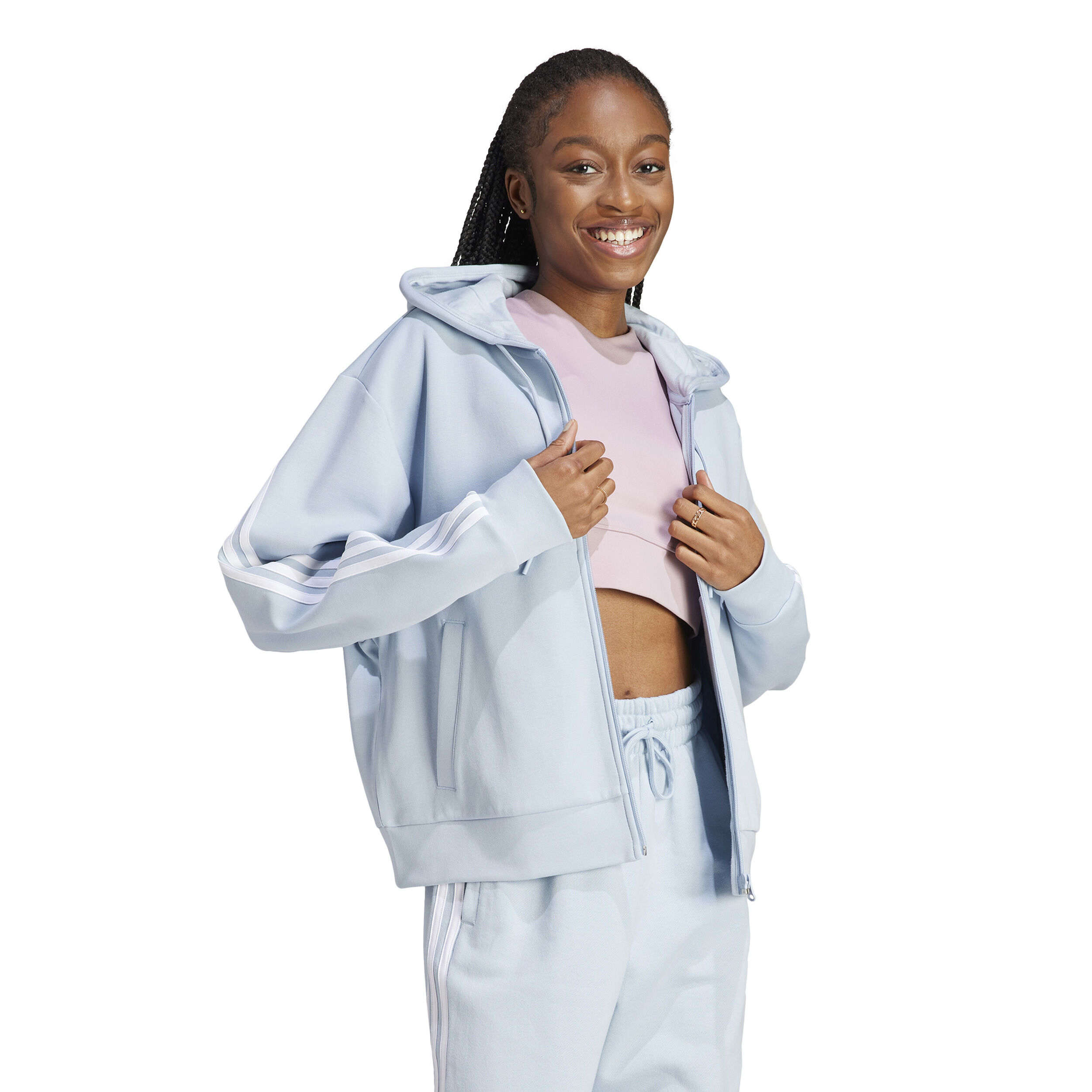 Linear French Terry Zip Hoodie Women Blue Grey White