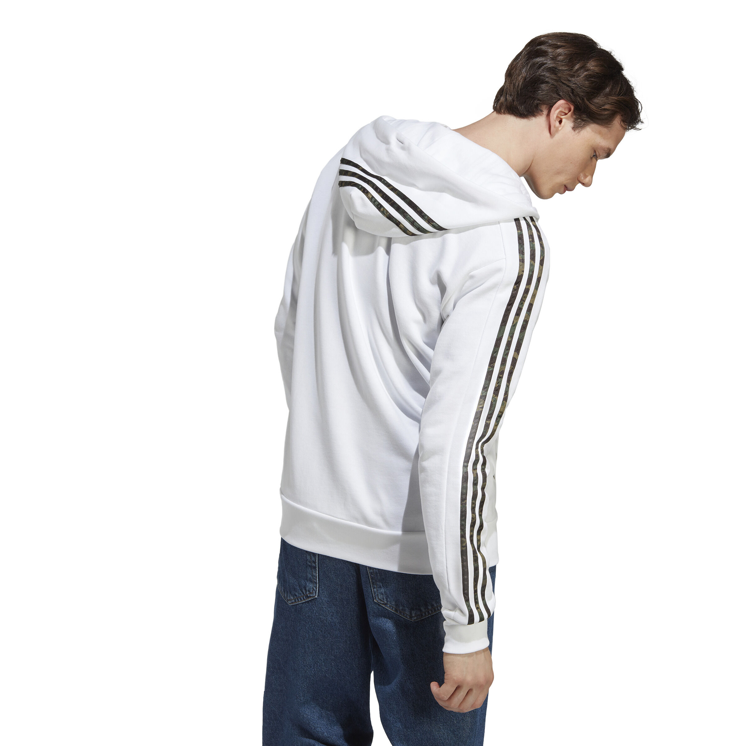 White hoodie with black stripes on sale